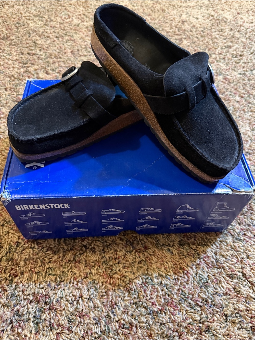 Birkenstock Black Suede Platform Clogs with Cork Midsole